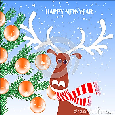 Deer cartoons animal on blue, christmas tree, Happy New Year congratulation card for web, for print art design Vector Illustration